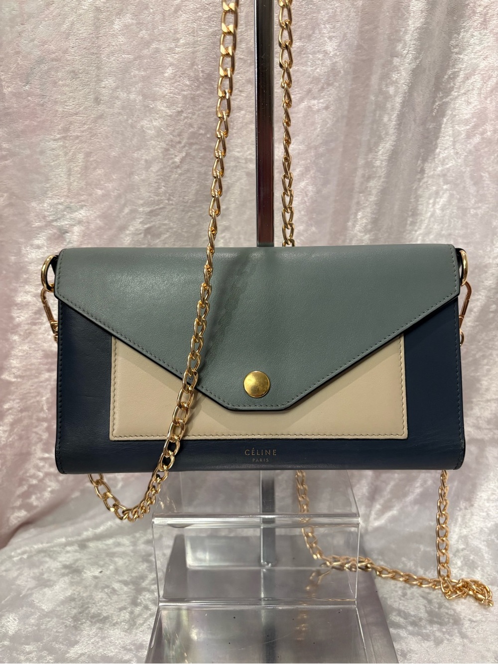 Celine Tricolor Leather Pocket Envelope Wallet Blue Colourblock COA